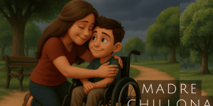 Una madre abraza con ternura a su hijo con parálisis cerebral en un parque, compartiendo un momento de amor, conexión y tranquilidad en la naturaleza.