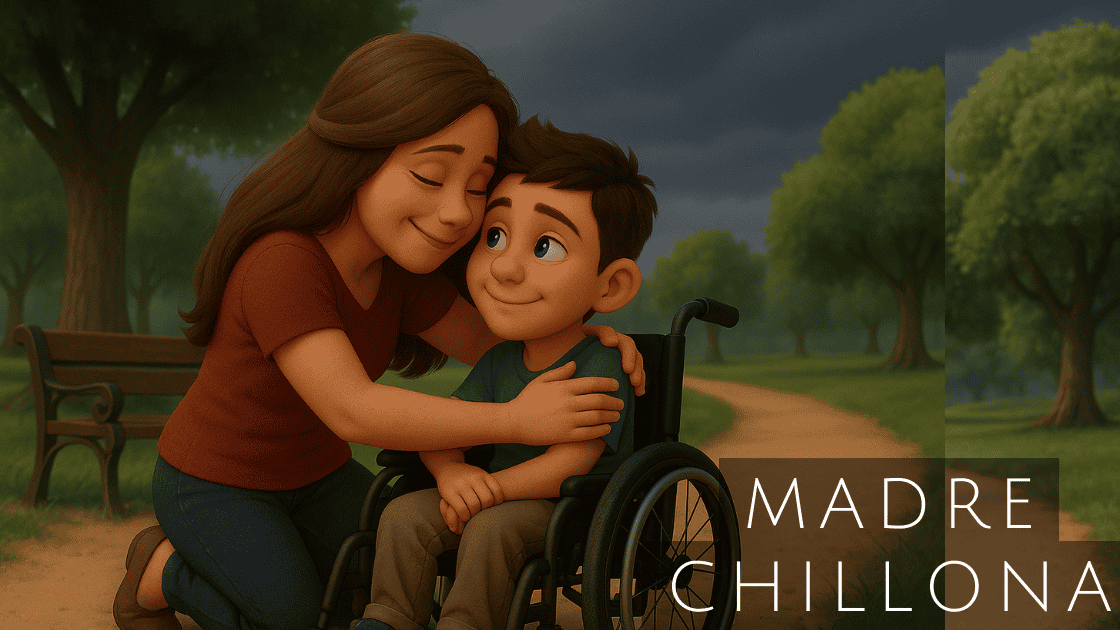 Una madre abraza con ternura a su hijo con parálisis cerebral en un parque, compartiendo un momento de amor, conexión y tranquilidad en la naturaleza.
