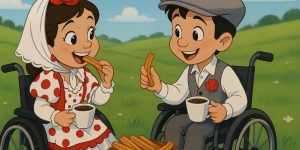 Dos niños disfrutan de la tradición madrileña, vestidos de chulapa y chulapo, mientras saborean unos deliciosos churros en un entorno natural, celebrando San Isidro con alegría y inclusión.