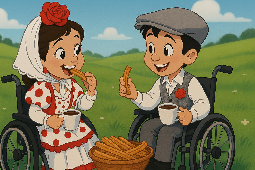 Dos niños disfrutan de la tradición madrileña, vestidos de chulapa y chulapo, mientras saborean unos deliciosos churros en un entorno natural, celebrando San Isidro con alegría y inclusión.