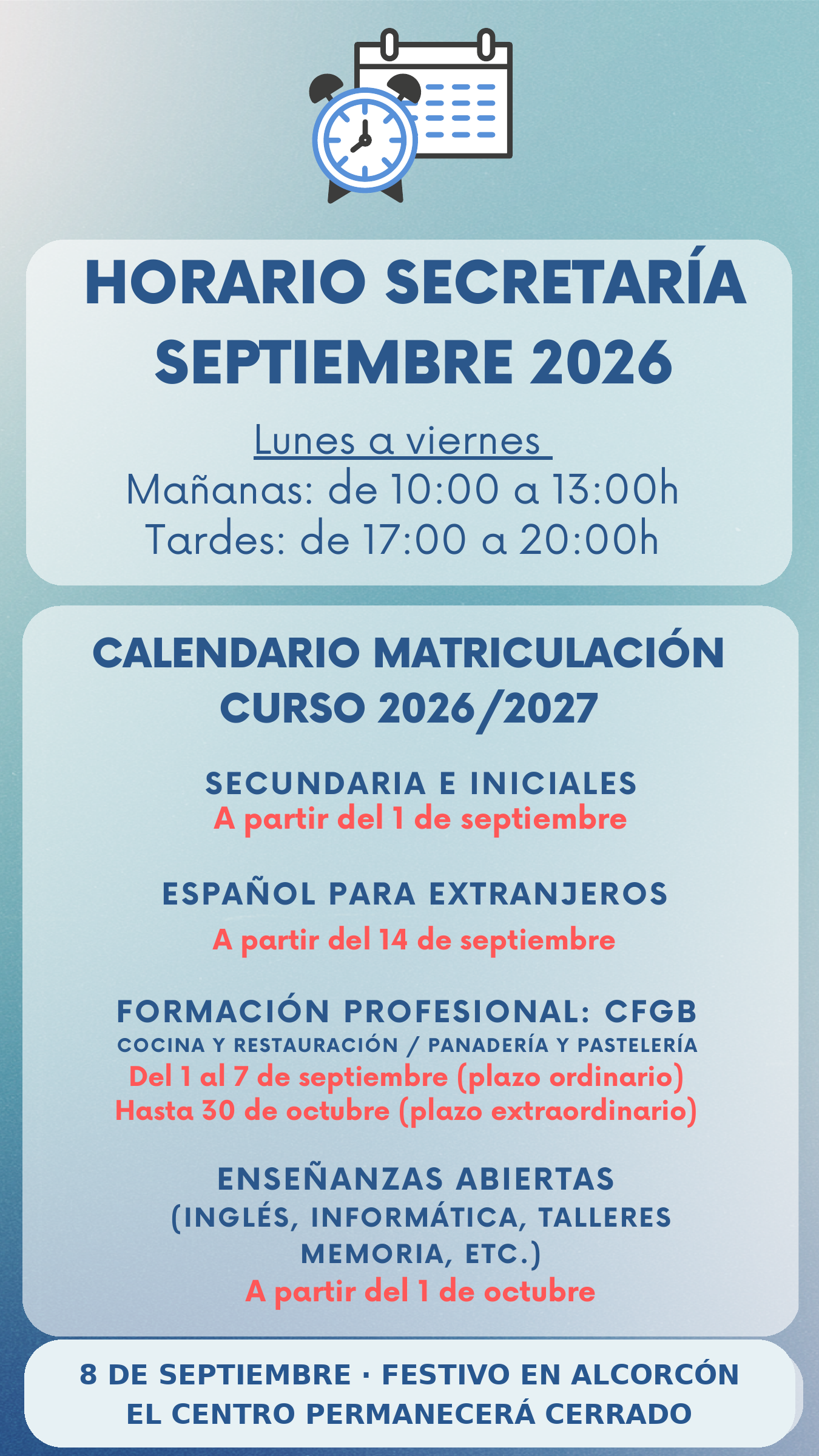 Horario de Secretaría y calendario de matrícula del curso 2026-2027