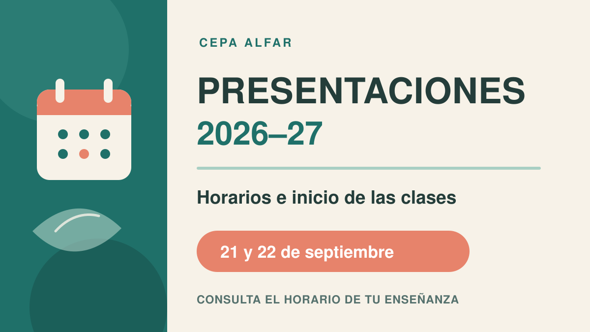 Cartel de presentaciones e inicio de las clases 2026-27 del CEPA Alfar, los días 21 y 22 de septiembre.