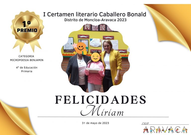 Premio en el CEIP Aravaca en el I Certamen literario Caballero Bonald (31 de mayo de 2023)