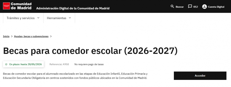 BECAS PARA COMEDOR ESCOLAR CURSO 2026-2027