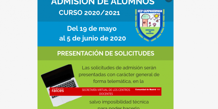 Proceso de admisión de alumnos para el curso 2020/2021.