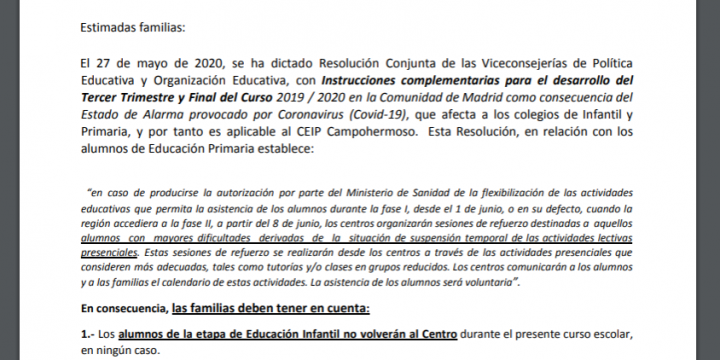 Carta a las familias.