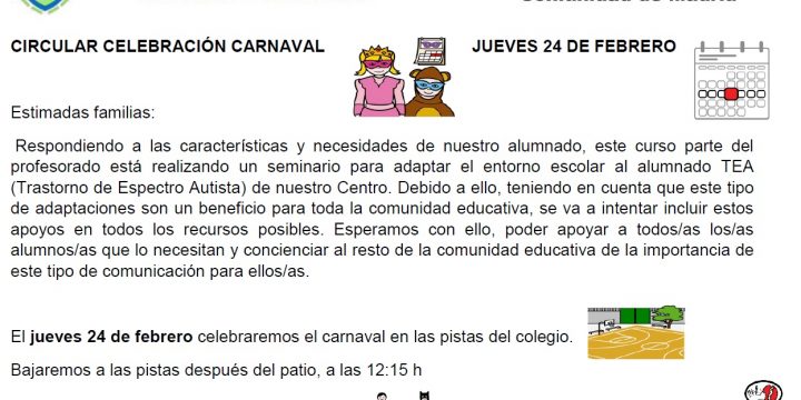 Celebración carnaval jueves 24 de febrero y días no lectivos.