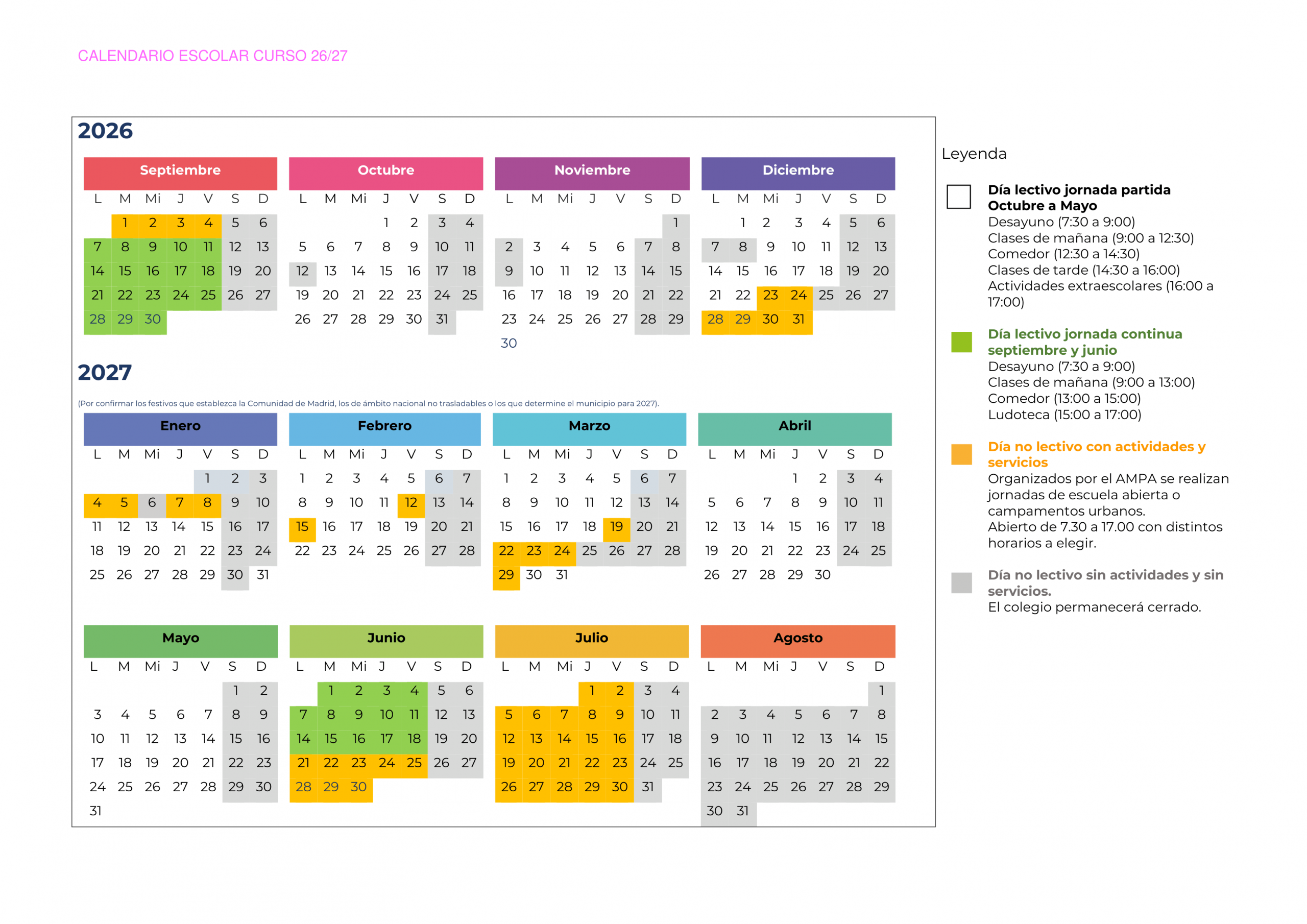 Calendario escolar curso 2026/2027