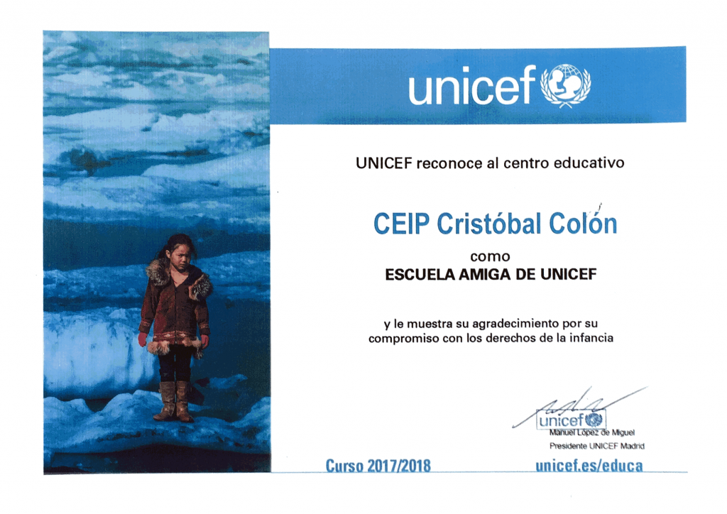 Diploma de UNICEF que nos acredita como Escuela Amiga