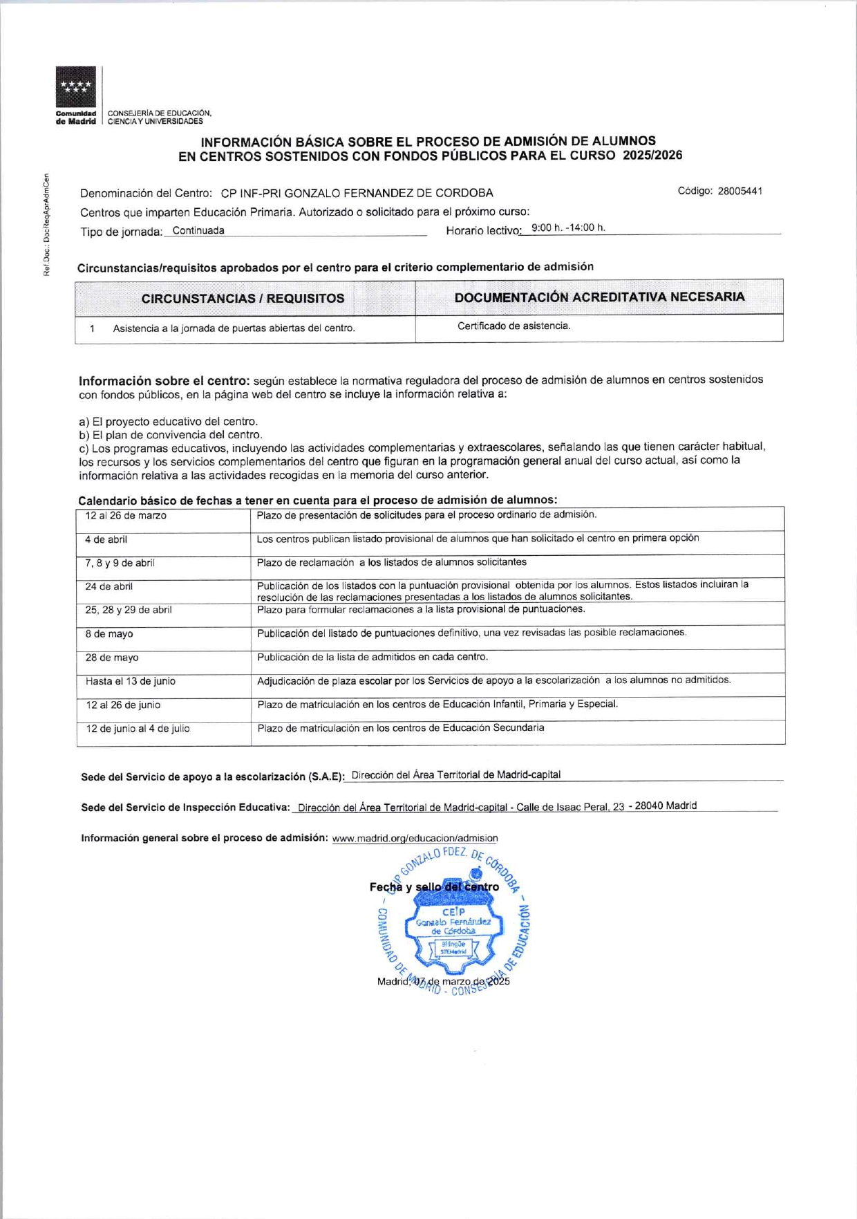 Información básica proceso de admisión 2026-2027