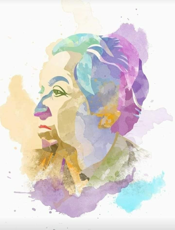 Retrato en acuarela de Gabriela Mistral de perfil, en tonos lila, azul y ocre