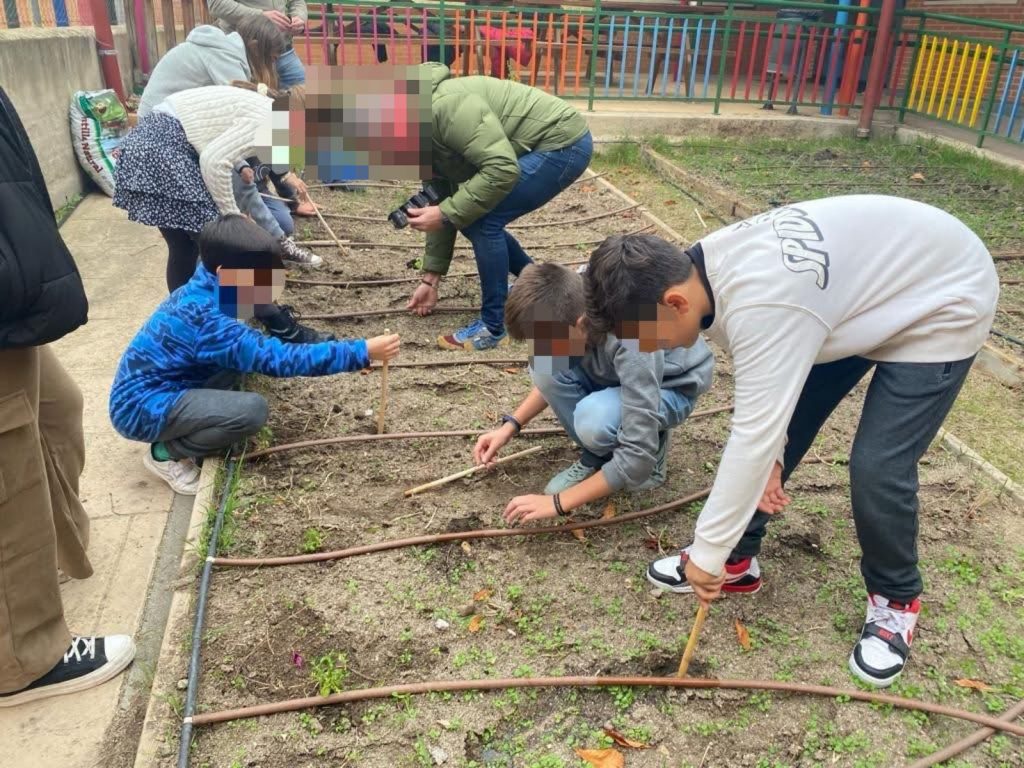 Alumnos/as plantando en el huerto escolar