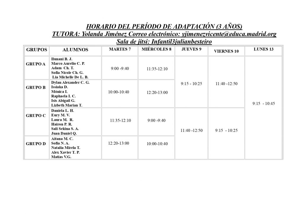 Calendario periodo de adaptación Infantil 3 años 2021-2022