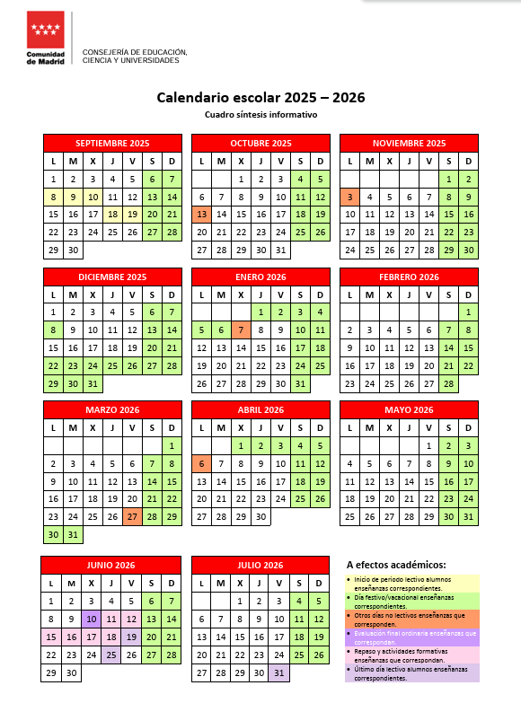 Calendario curso escolar 2025-2026