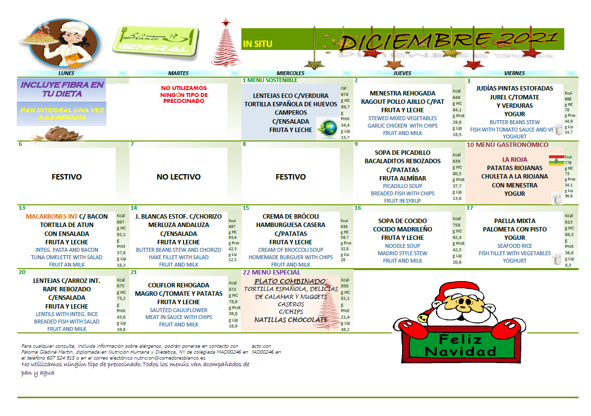 menú del comedor escolar de diciembre.