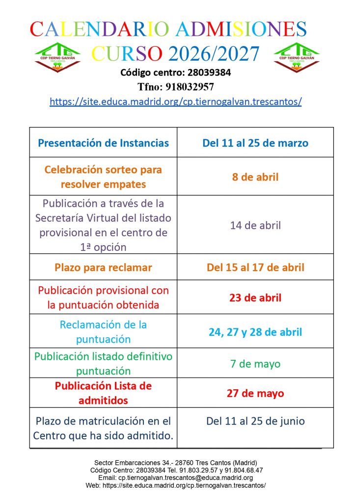 Calendario Admisiones Curso 2026/27