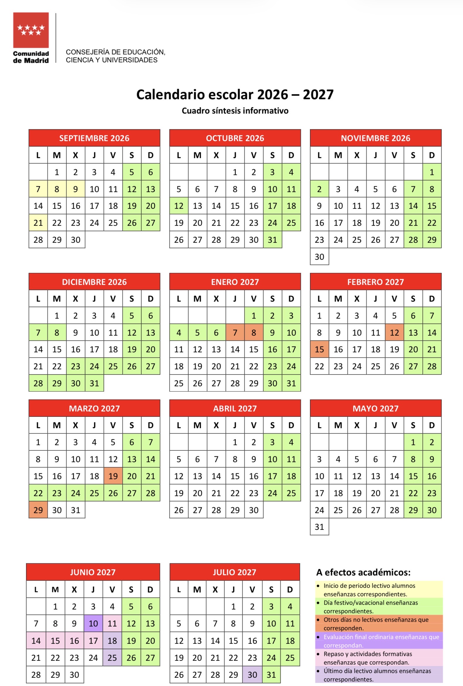 Calendario escolar 2026-2027 del Conservatorio Profesional de Música Manuel de Falla de Alcorcón