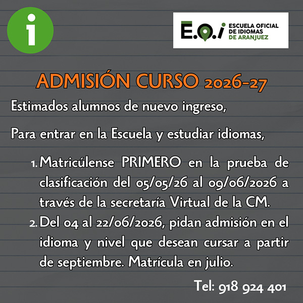 Admisión de nuevo alumnado Curso 2026/2027