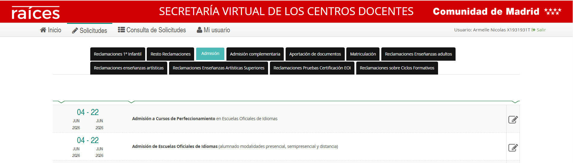 Solicitud de admisión