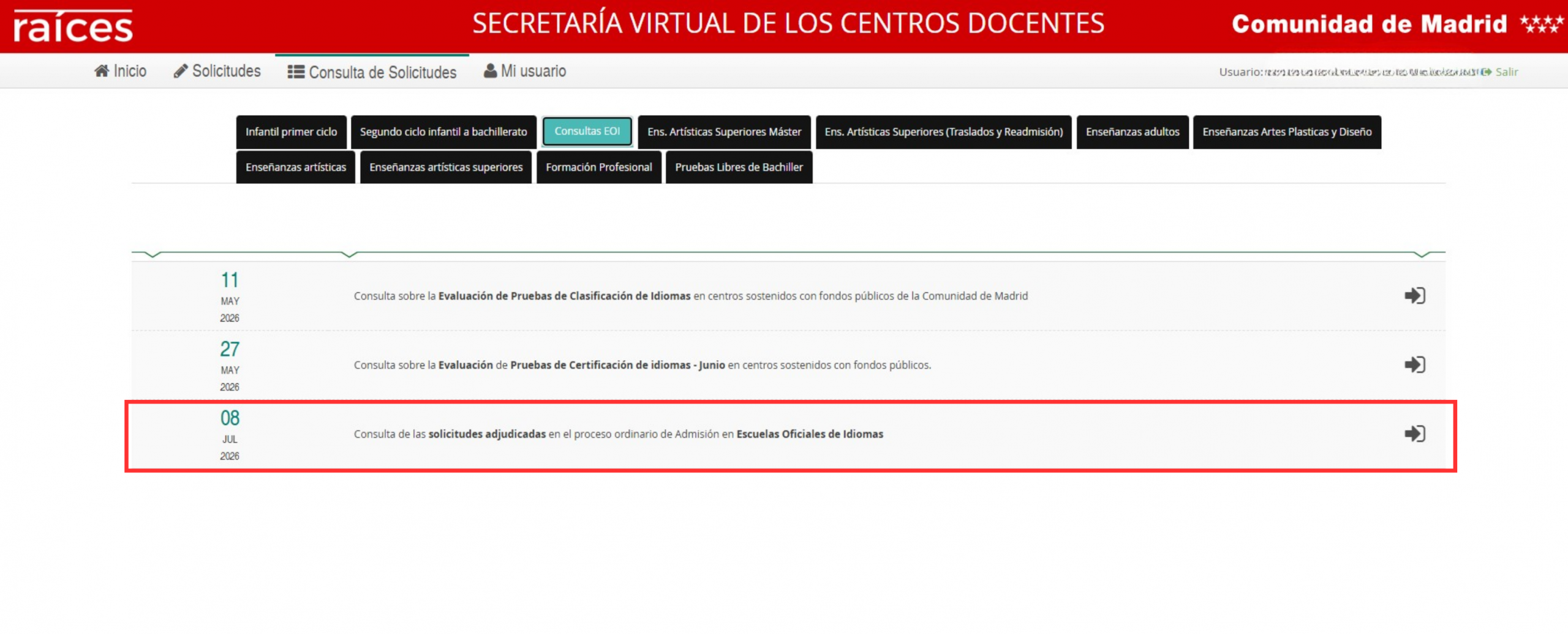 Consulta de las solicitudes adjudicadas en el proceso ordinario de admisión en Escuelas Oficiales de Idiomas