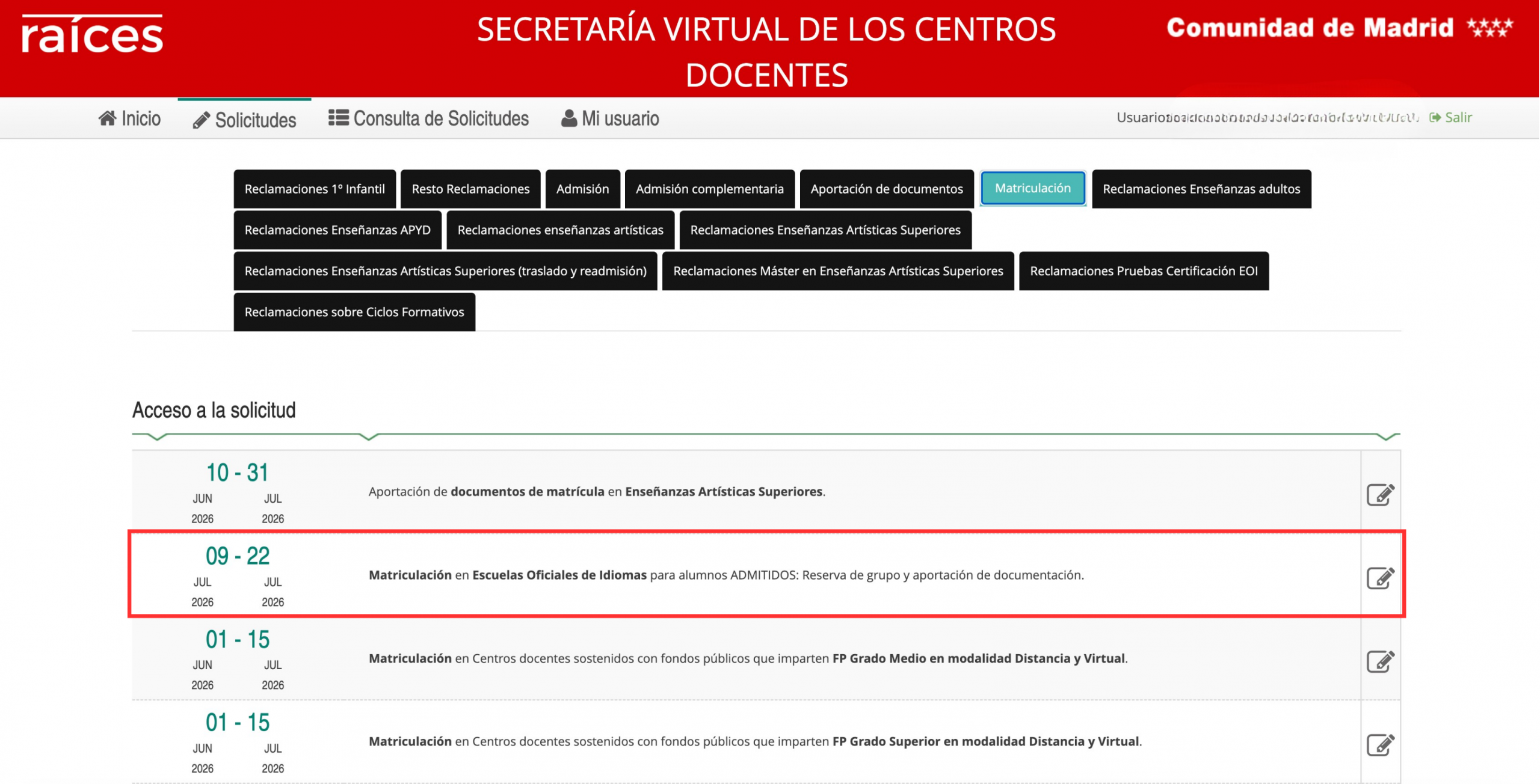 Ruta para acceder a la matrícula en la Secretaría Virtual