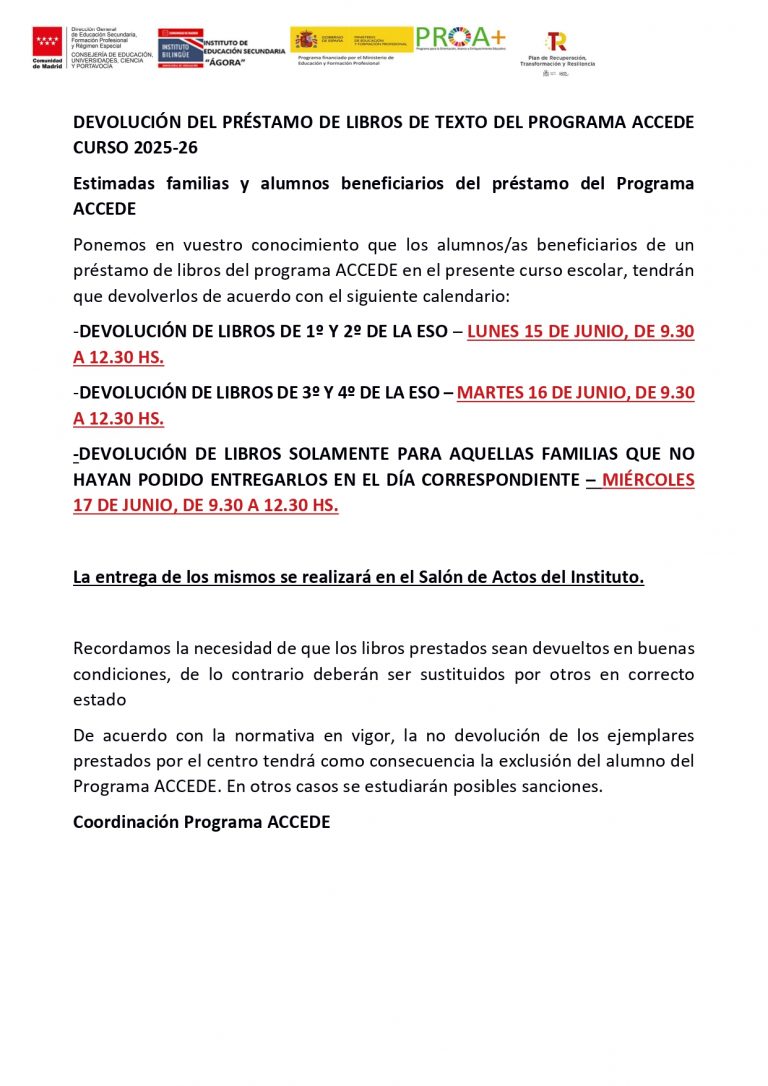 Calendario devolución libros ACCEDE 2026