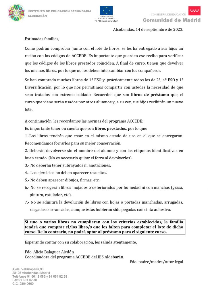 Carta a las familias