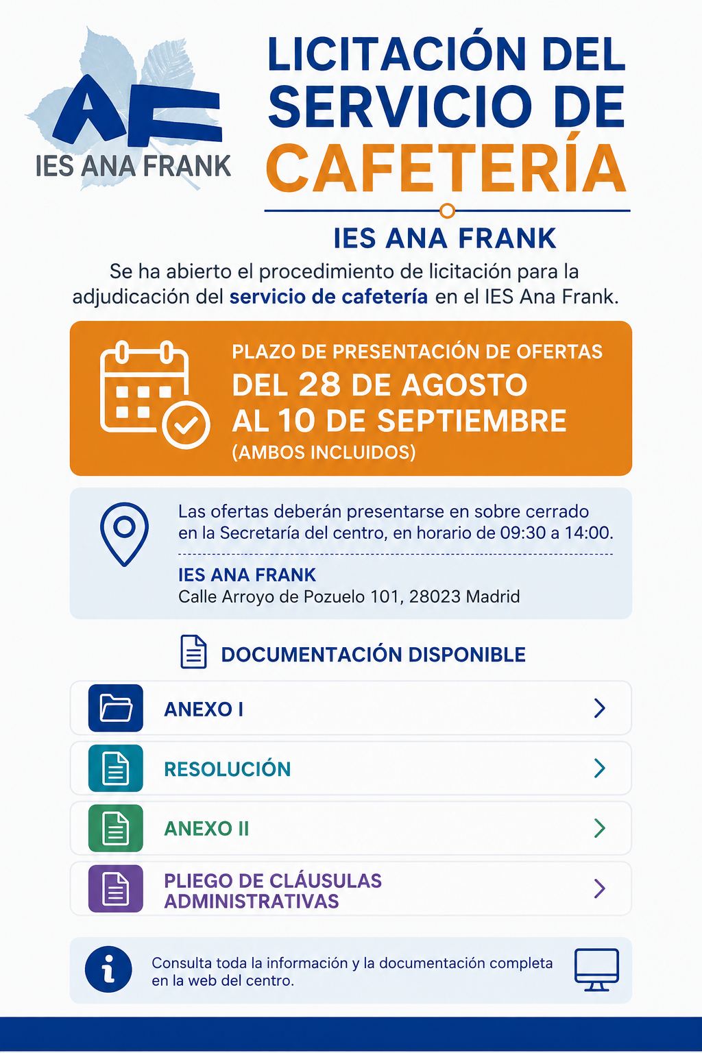 Información sobre la licitación del servicio de cafetería del IES Ana Frank