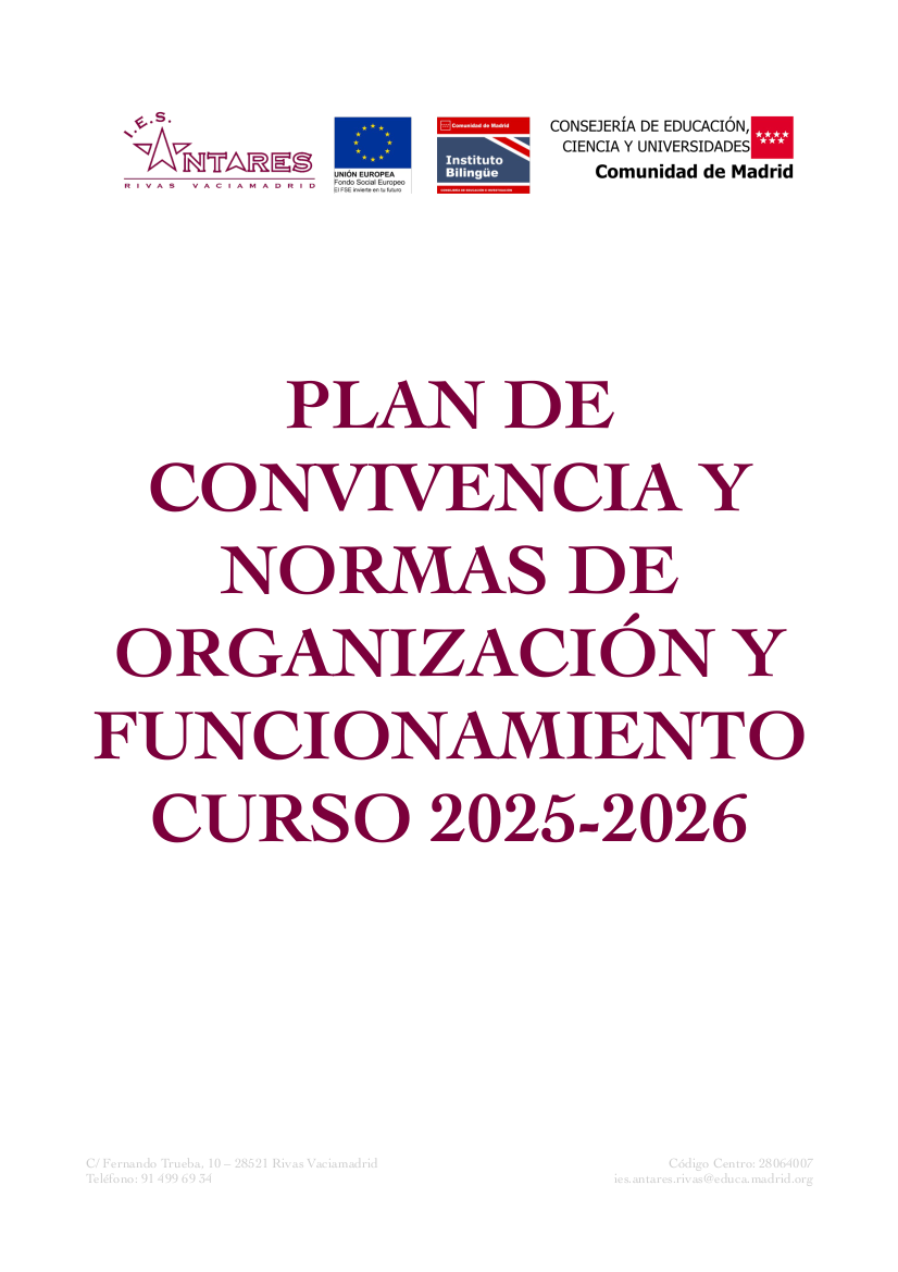 Portada de Plan de convivencia y normas de organización y funcionamiento