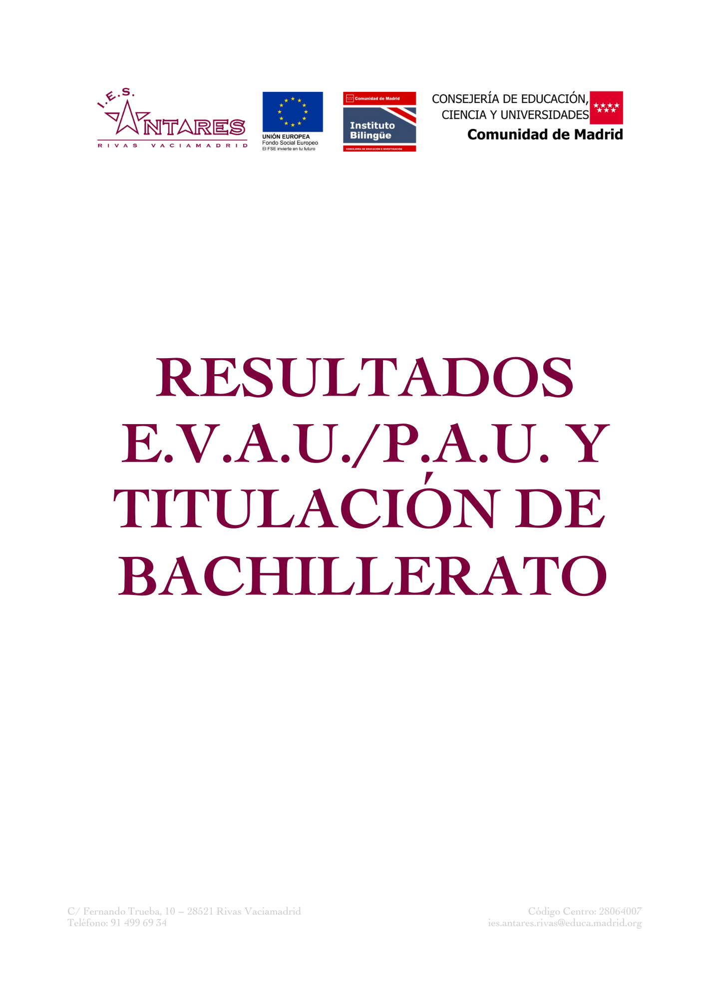 Portada de Valoración de resultados de PAU y 2.º de Bachillerato
