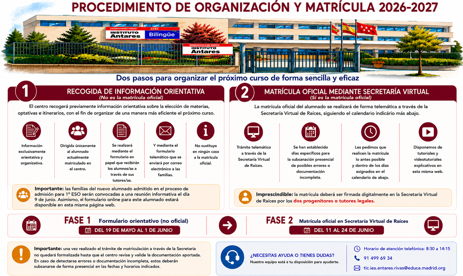 Infografía del proceso de matriculación 2026-2027 del IES Antares