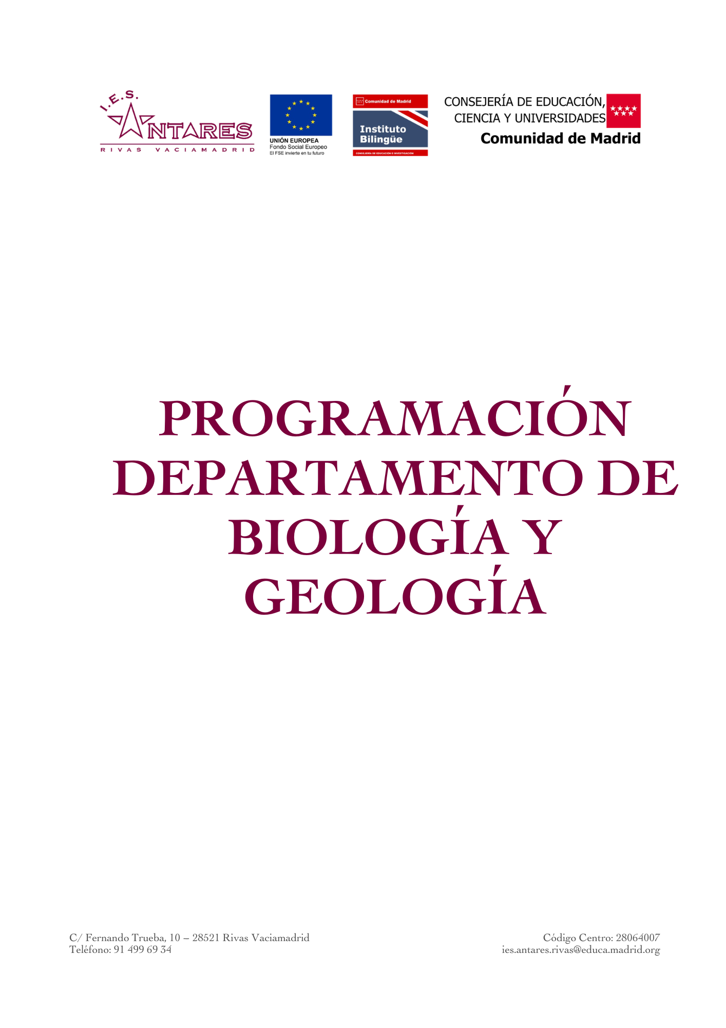 Portada de la programación del Departamento de Biología y Geología