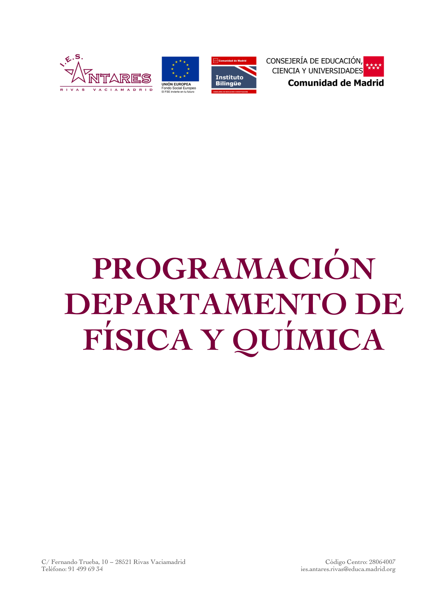 Portada de la programación del Departamento de Física y Química