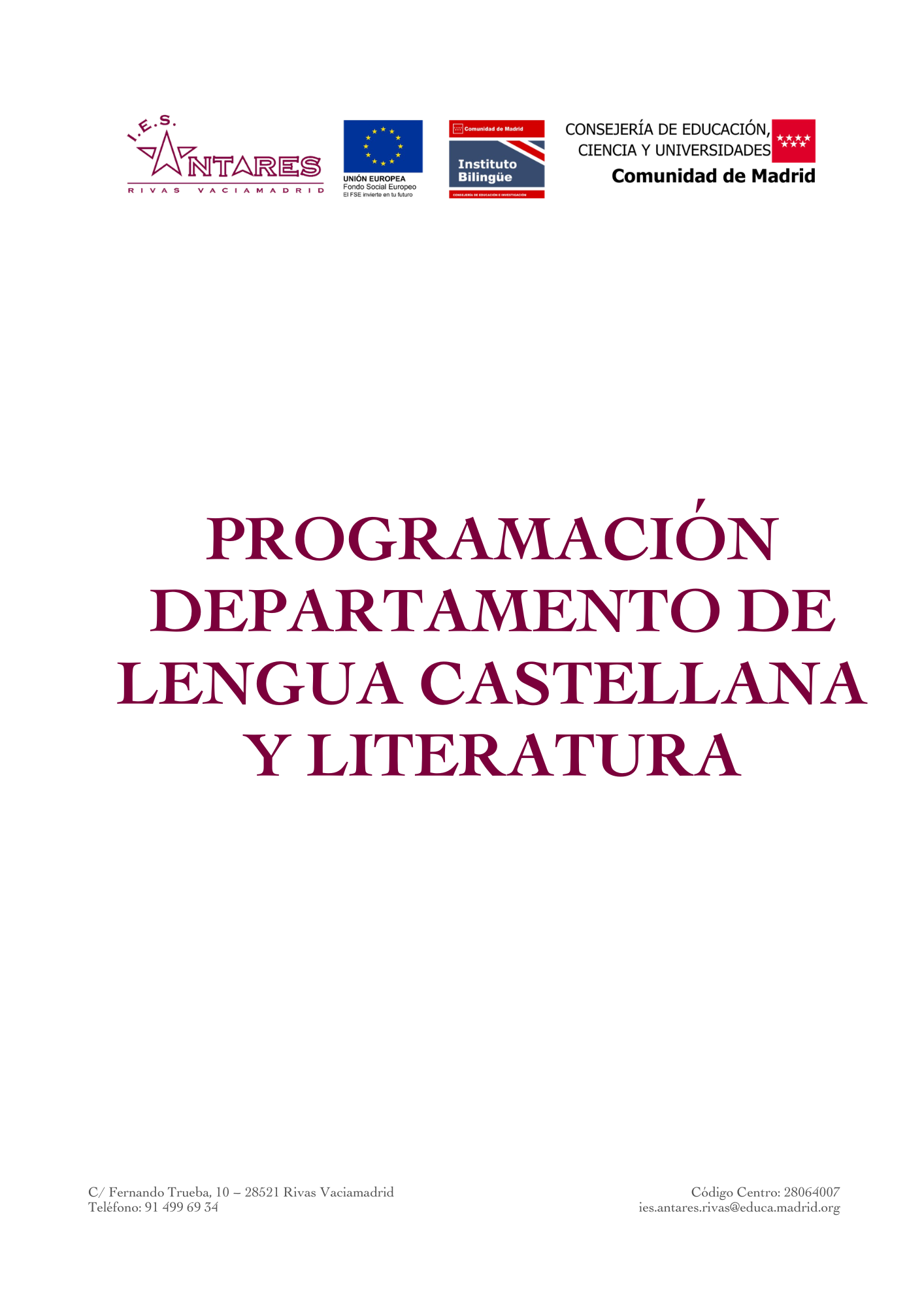 Portada de la programación del Departamento de Lengua Castellana y Literatura