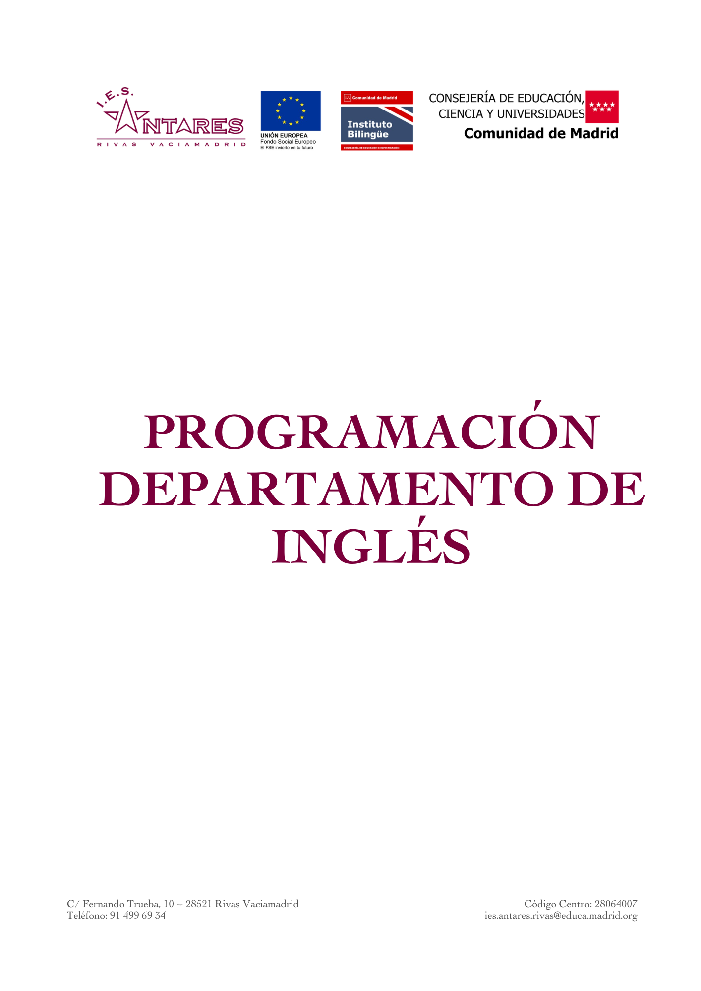 Portada de la programación del Departamento de Inglés
