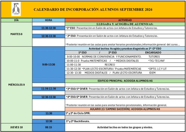 Calendario de incorporación para el curso 26-27