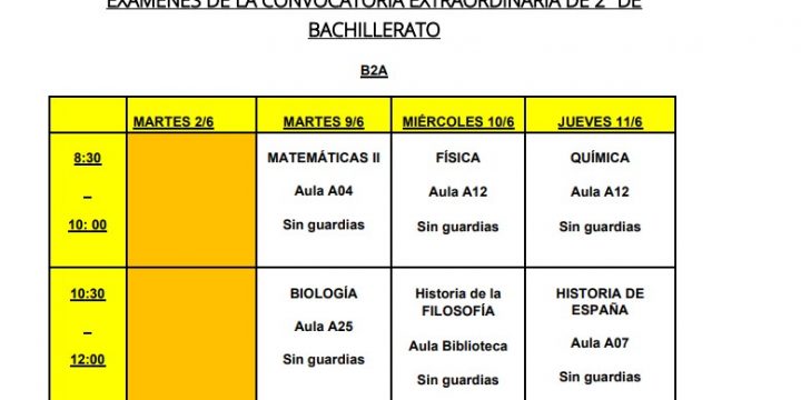 Calendario de exámenes extraordinarios 2 Bachillerato