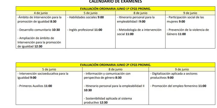 Horarios exámenes de CFGS Promoción de Igualdad de Género