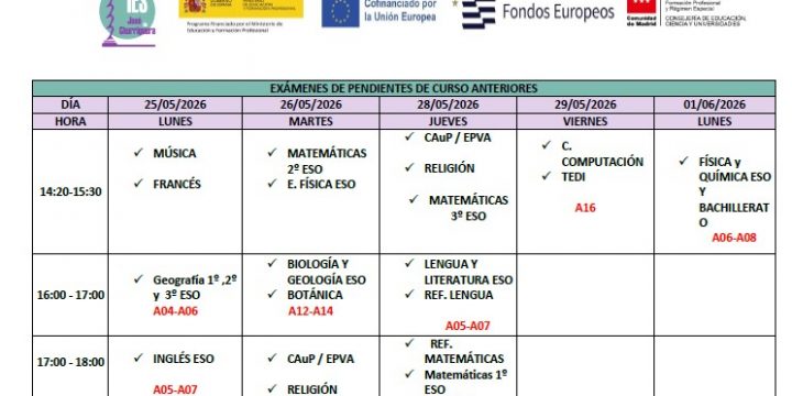 Calendario materias pendientes de cursos anteriores Mayo 2026
