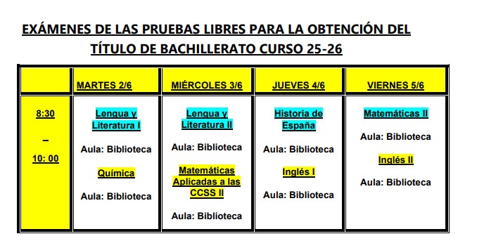 Calendario de pruebas libres obtención título Bachillerato 25-26