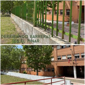 Dos fotos del patio. En una aún se ve la valla de separación y en la otra ya no está.