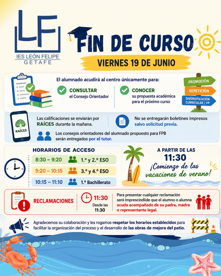 INFORMACIÓN DE INTERÉS SOBRE EL ÚLTIMO DÍA LECTIVO: VIERNES 19 DE JUNIO