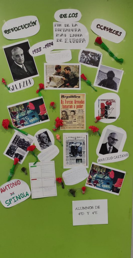 El pasado 25 de abril, los alumnos de 4ºD y 4º E de programa han trabajado la Revolución de los Claveles 🌹
Ese día del año 74, los portugueses 🇵🇹 pusieron fin a la Dictadura más larga de Europa.
Dpto. de Geografía e Historia 🗺️ 🗿