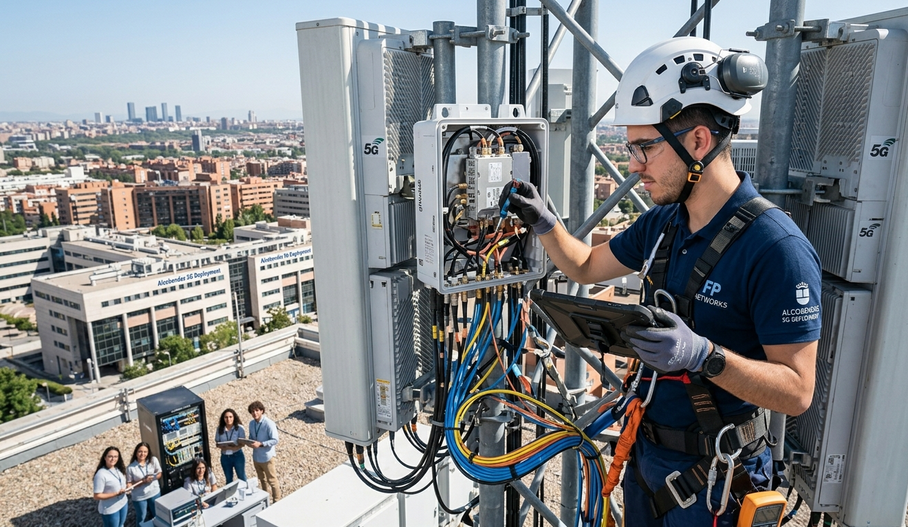 Ingeniera de telecomunicaciones trabajando con equipos de red 5G