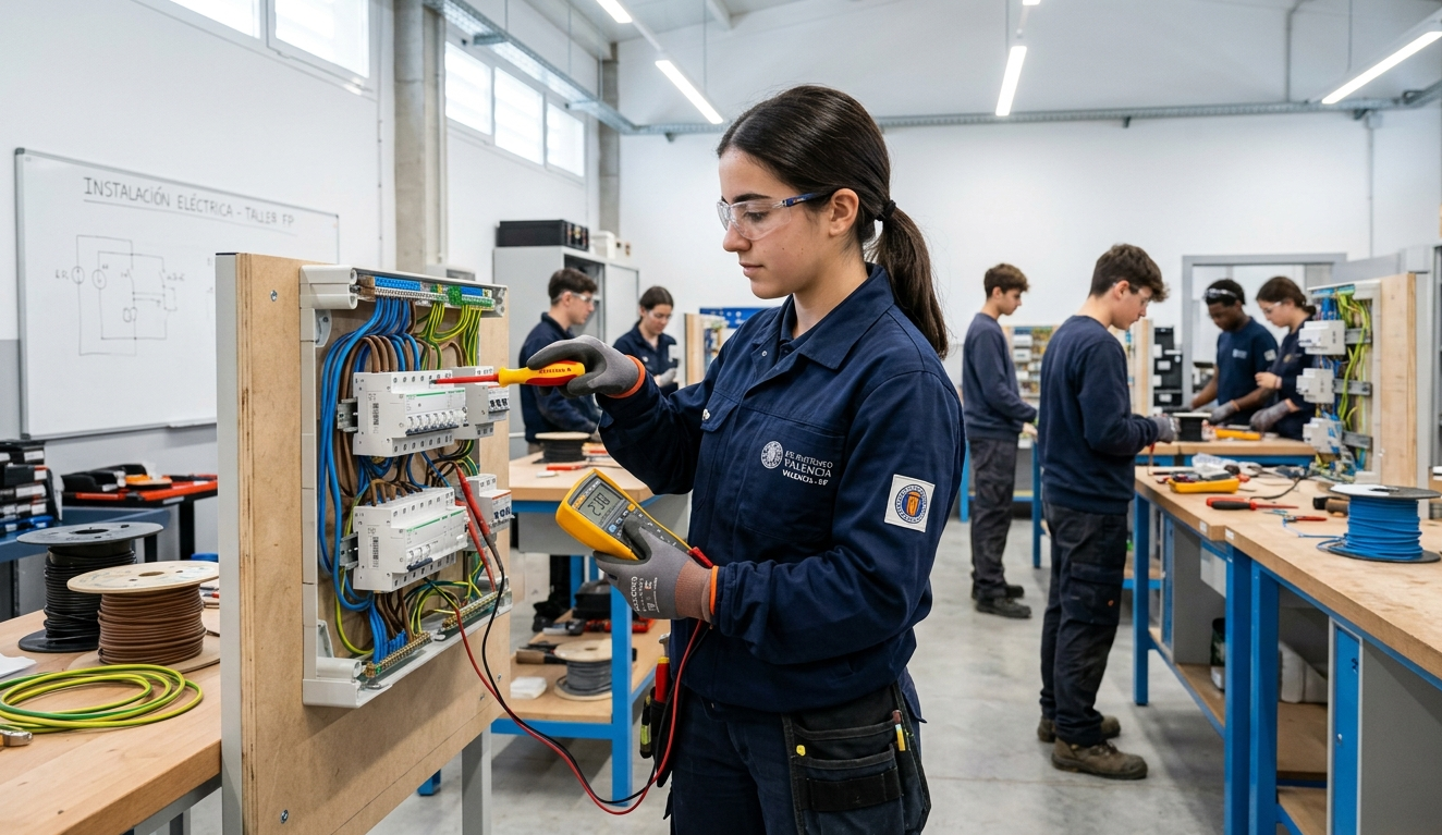 Alumna trabajando en instalaciones eléctricas en taller