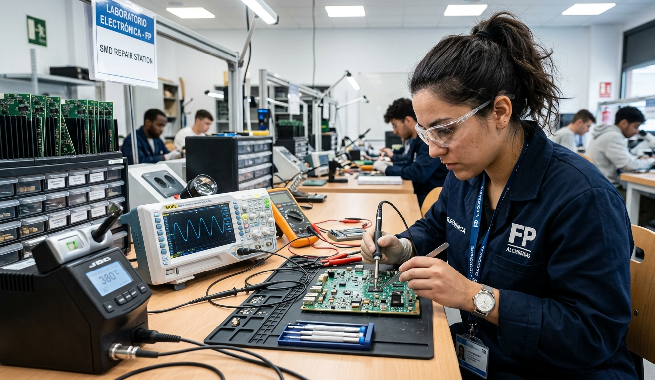 Alumna usando osciloscopio para reparar placas electrónicas en taller