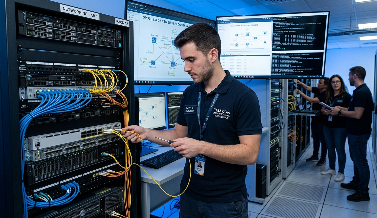 Alumna configurando servidores y equipos de telecomunicaciones en laboratorio