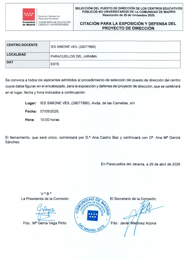 Citación para la exposición y defensa del Proyecto de Dirección