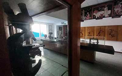 Espacio cerrado con objetos agrícolas expuestos